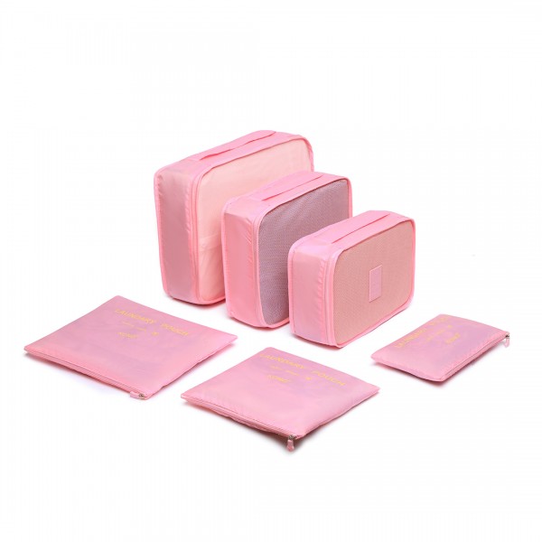 E2015 - Kono 6 Piece Polyester Travel Luggage Organiser Bag Set - Pink